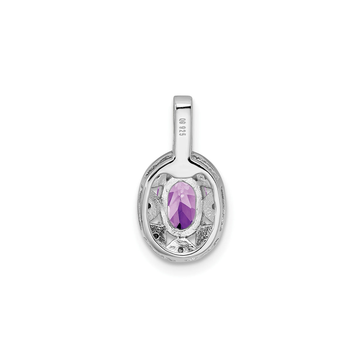 Sterling Silver Pendant with Oval Amethyst, Starburst Filigree Design, Diamond Accents