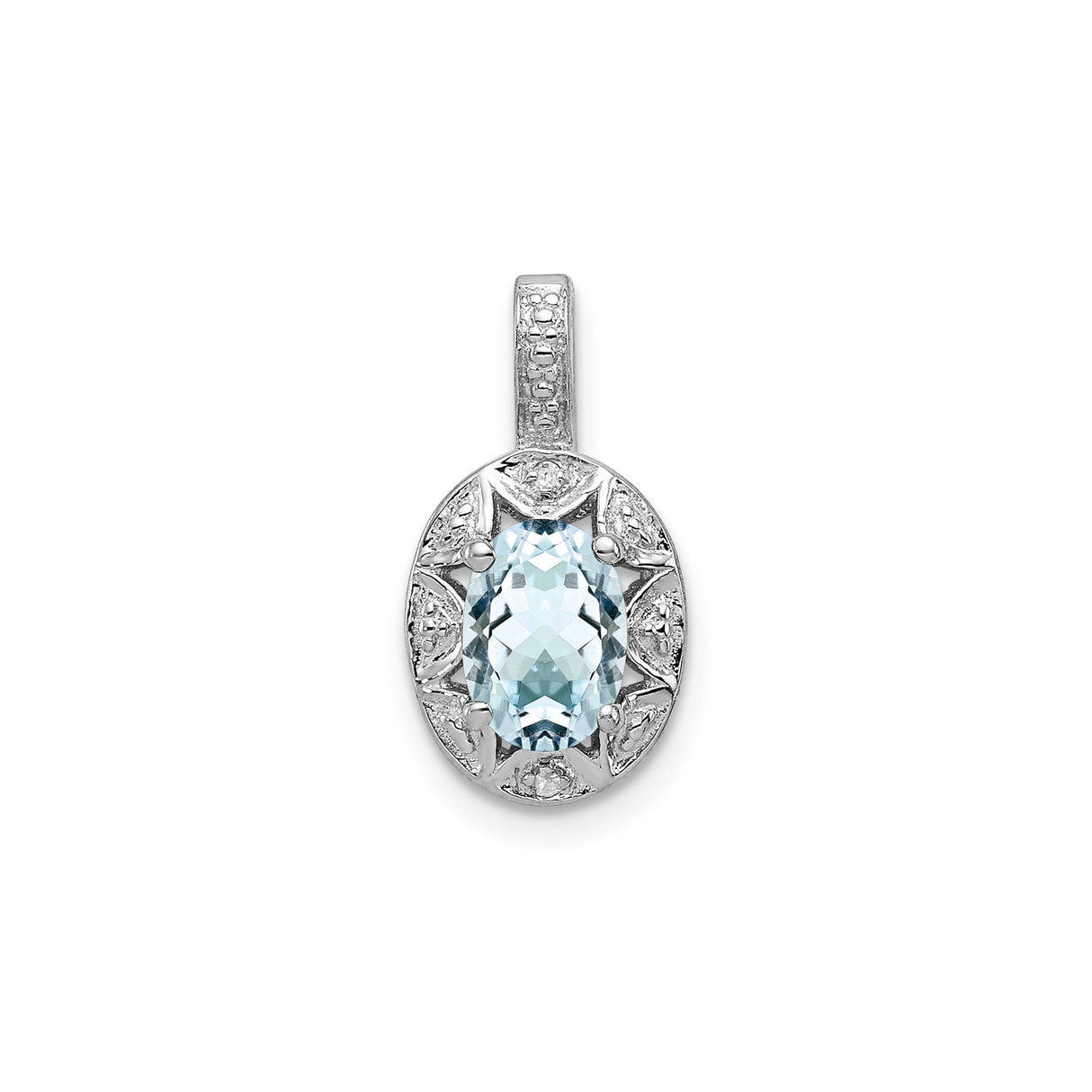 Sterling Silver Pendant with Oval Aquamarine, Filigree Floral and Star Motifs, Cubic Zirconia Accents