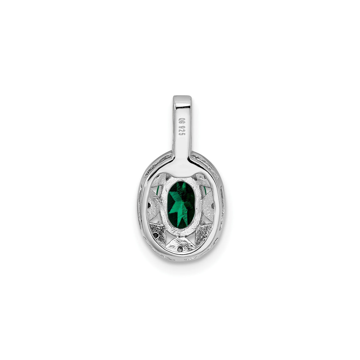Sterling Silver Oval Pendant with Lab Created Emerald, Diamond Accents, Filigree Starburst Design