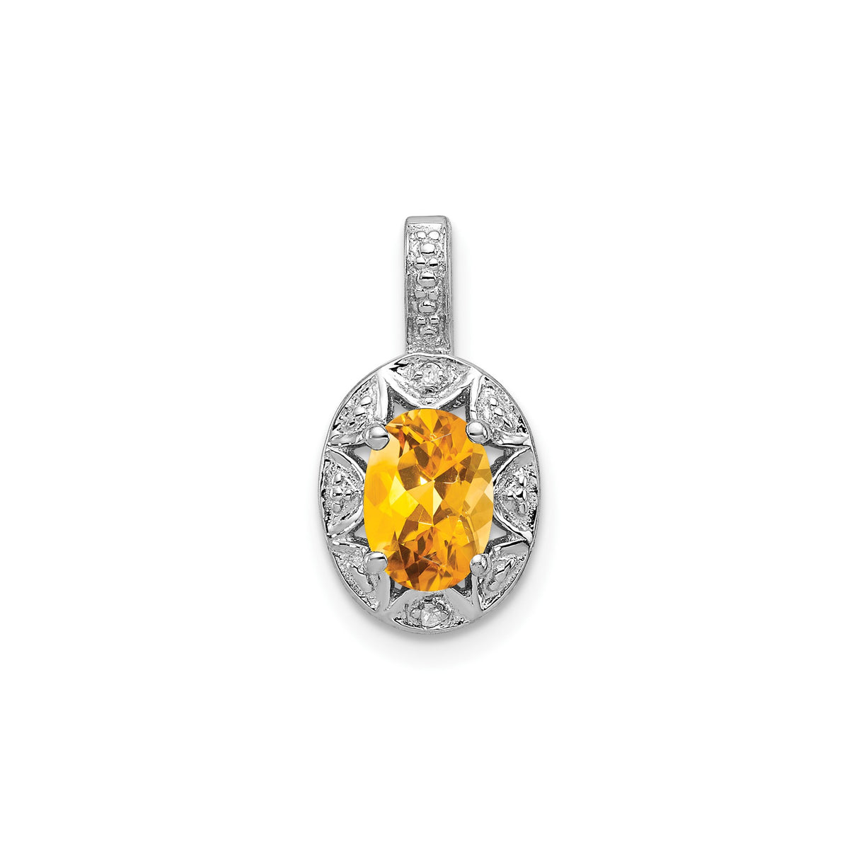 Sterling Silver Pendant with Yellow Citrine, Diamond Accents, Starburst Filigree Design for Women
