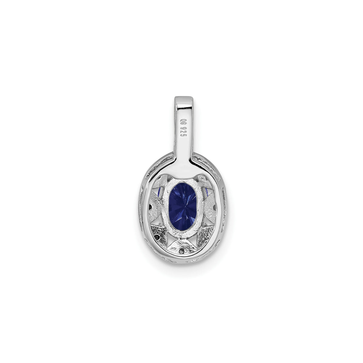 Sterling Silver Oval Pendant with Lab Created Sapphire, Starburst Design, Diamond Accents, Art Deco Style