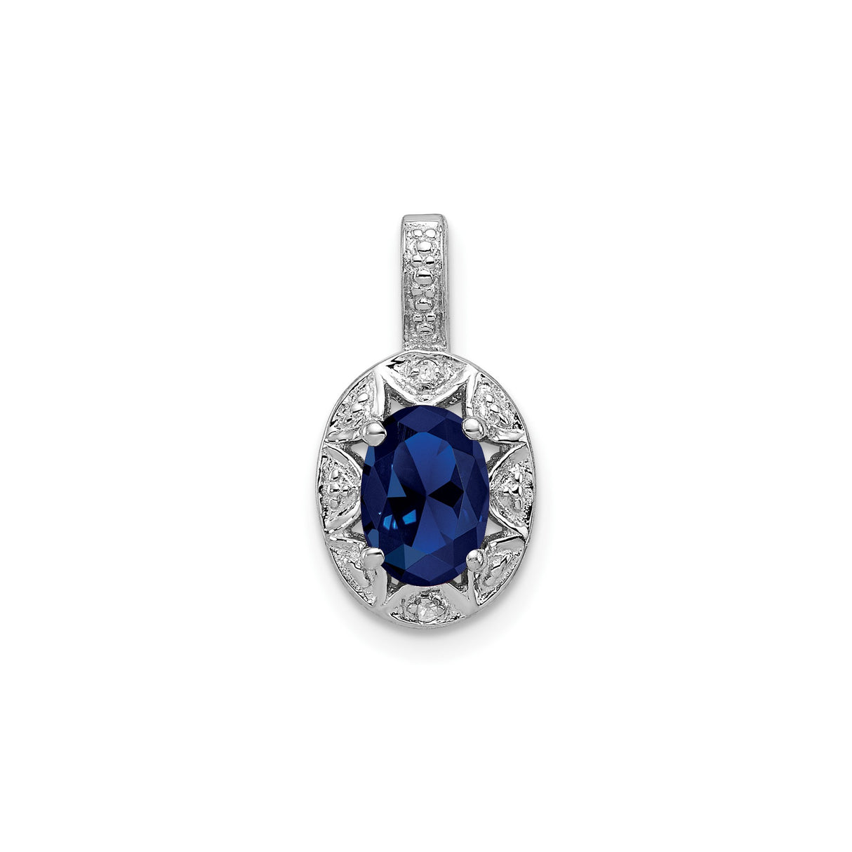 Sterling Silver Oval Pendant with Lab Created Sapphire, Starburst Design, Diamond Accents, Art Deco Style