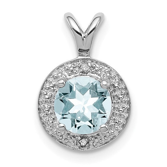Sterling Silver Pendant with Aquamarine Center, Diamond Accents, Star Design