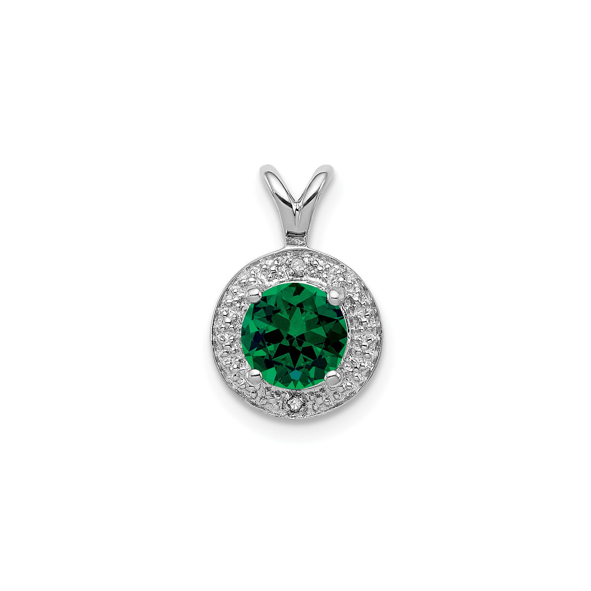 Sterling Silver Pendant with Lab Created Emerald Center and Diamond Halo Accents