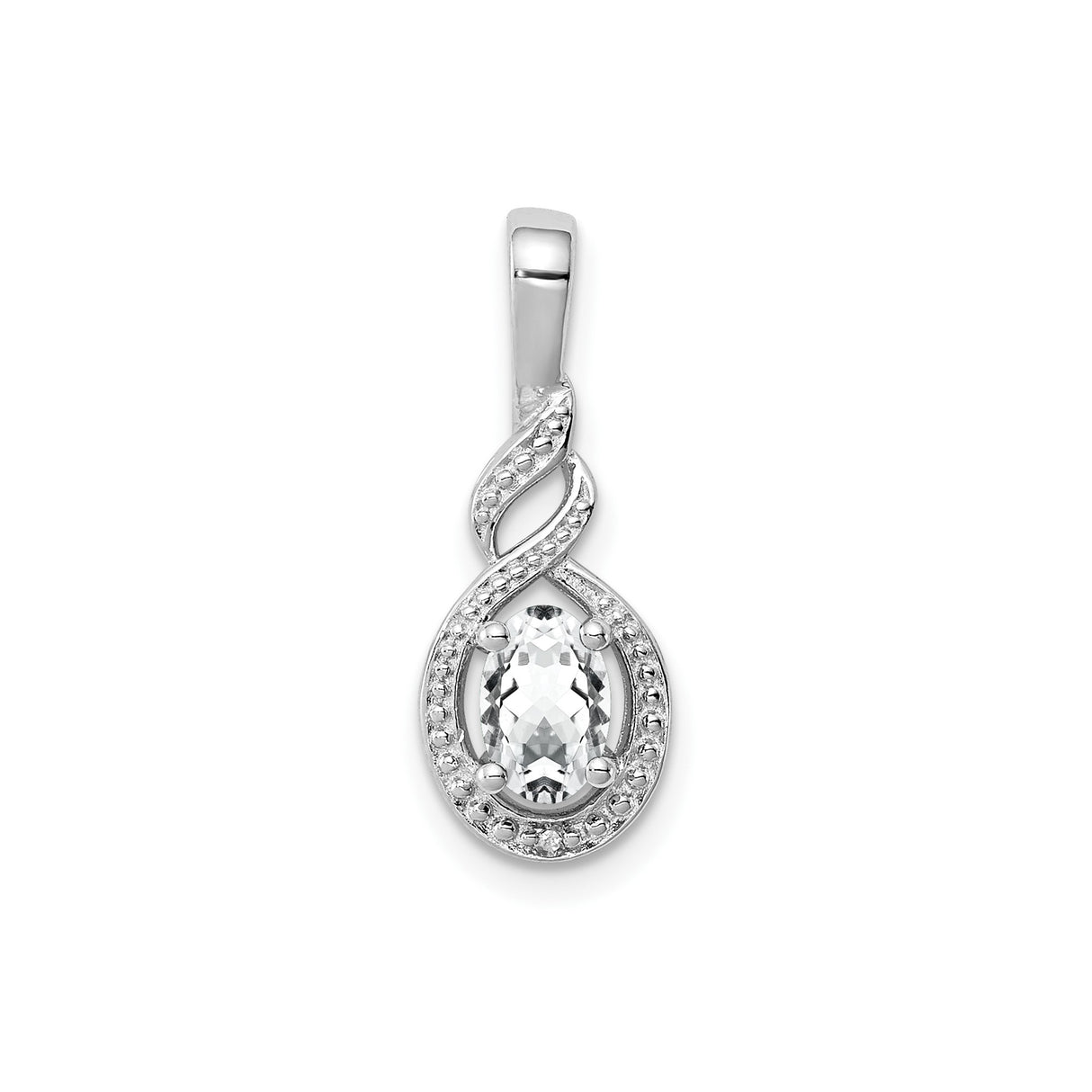 Sterling Silver Pendant with Oval White Topaz and Diamond Accents, Infinity Swirl Design