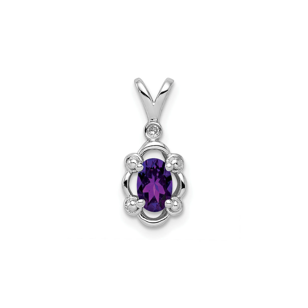 Sterling Silver Pendant with Oval Amethyst, Floral Scroll Design, Diamond Accent for Women