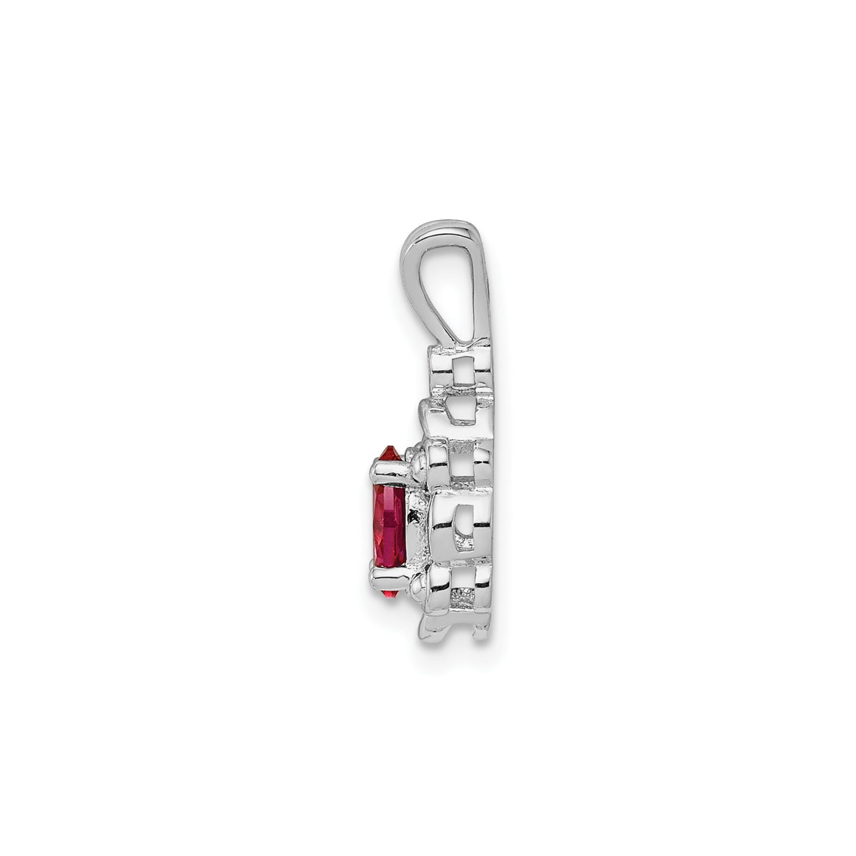 Sterling Silver Pendant with Oval Cut Lab Created Ruby and Diamond Accent, Scrollwork Design