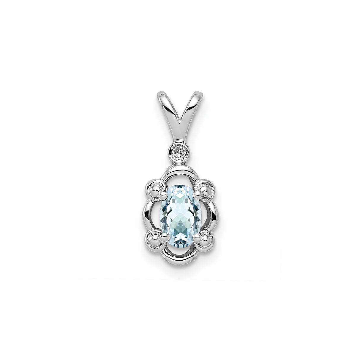 Sterling Silver Pendant with Aquamarine and Diamond, Filigree Scrollwork Design for Women
