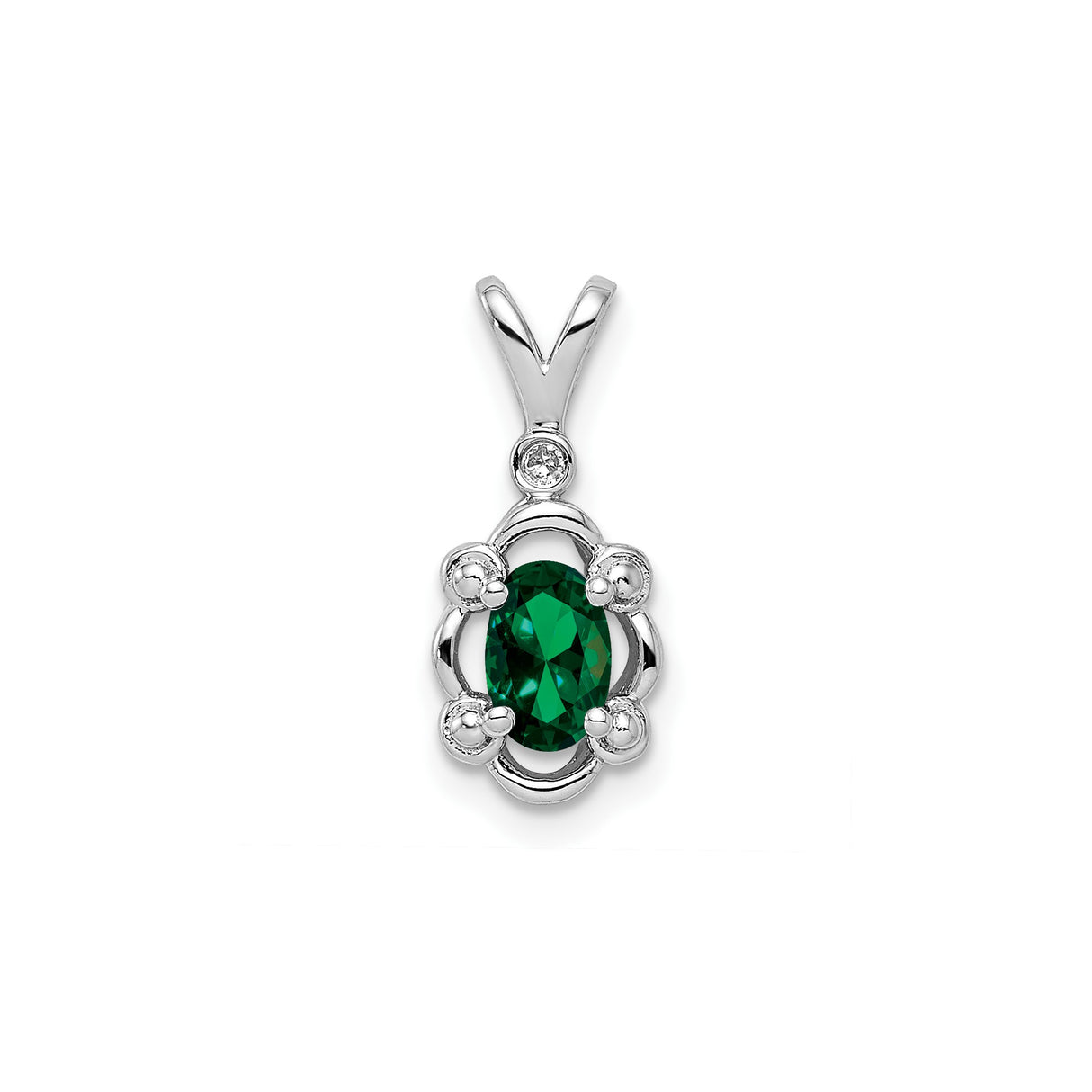Sterling Silver Pendant with Lab Created Emerald and Diamond Accents, Vintage Scrollwork Design
