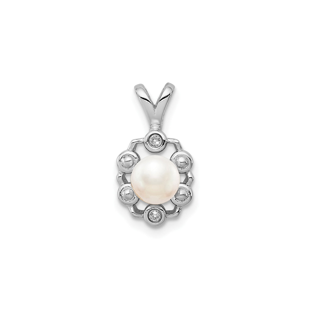 Sterling Silver Pendant with White Freshwater Pearl and Cubic Zirconia Floral Design