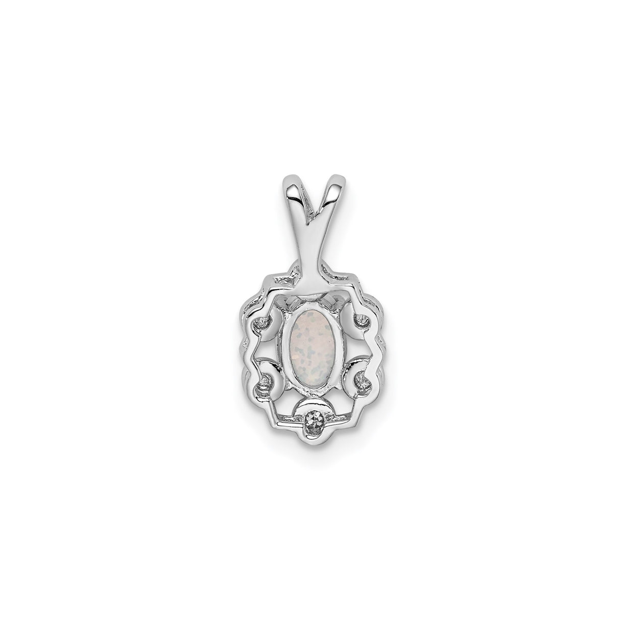 Sterling Silver Pendant with Oval Lab Created White Opal and Diamond Accents, Halo Floral Design