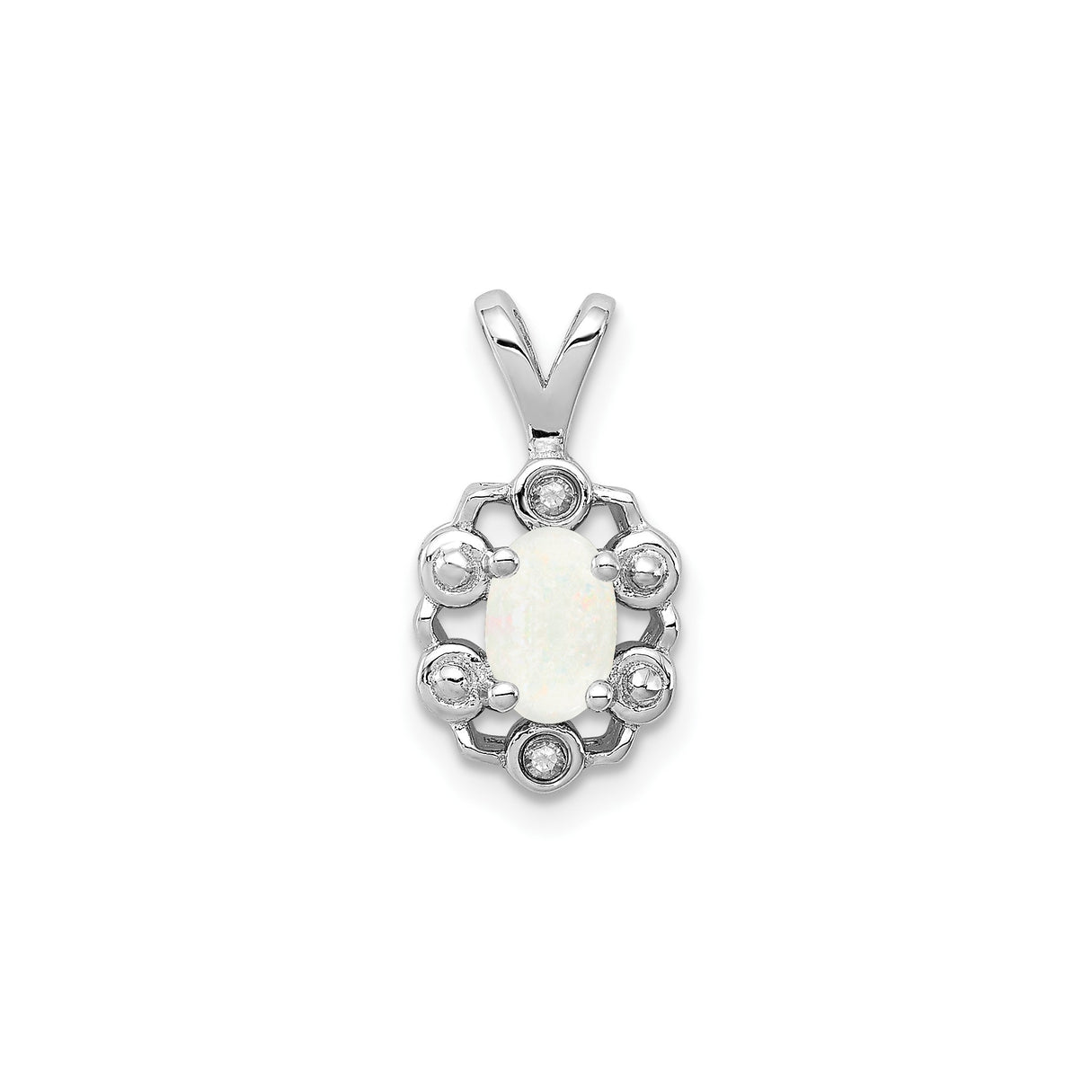 Sterling Silver Pendant with Oval Lab Created White Opal and Diamond Accents, Halo Floral Design