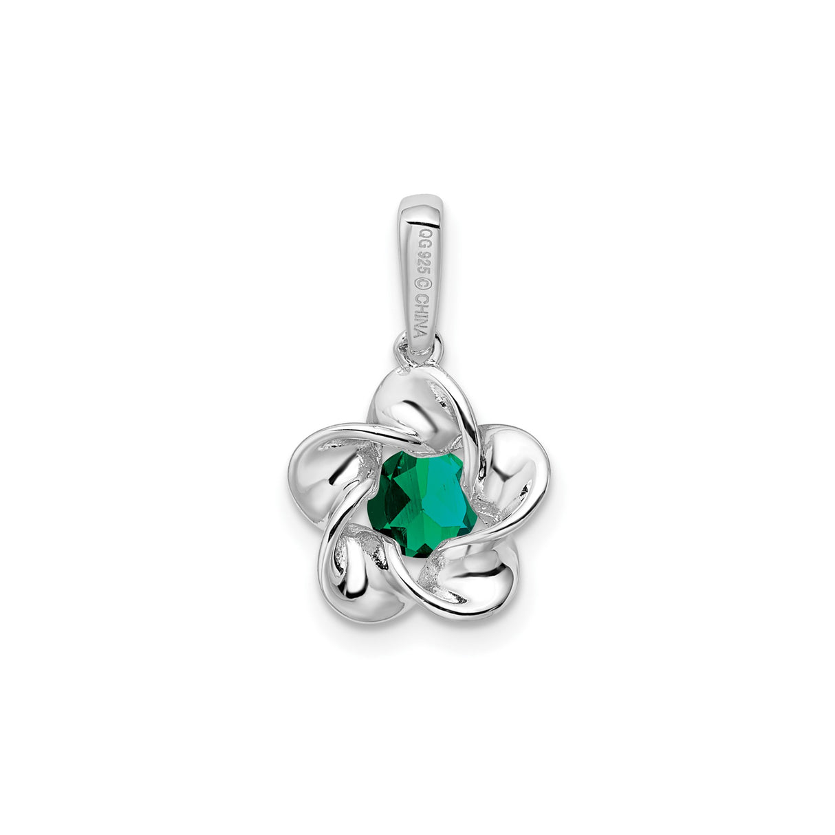 Sterling Silver Flower Pendant with Lab Created Emerald, Open Petal Botanical Design
