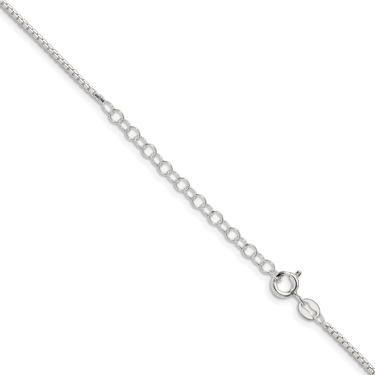 925 White Gold 1.5 mm Box Chain Necklace, Polished detail view