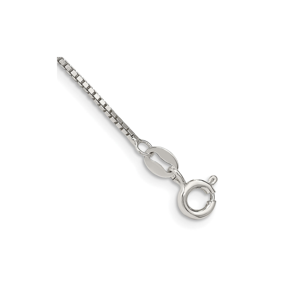 925 White Gold 1.1 mm Box Chain Anklet, Polished shown for scale