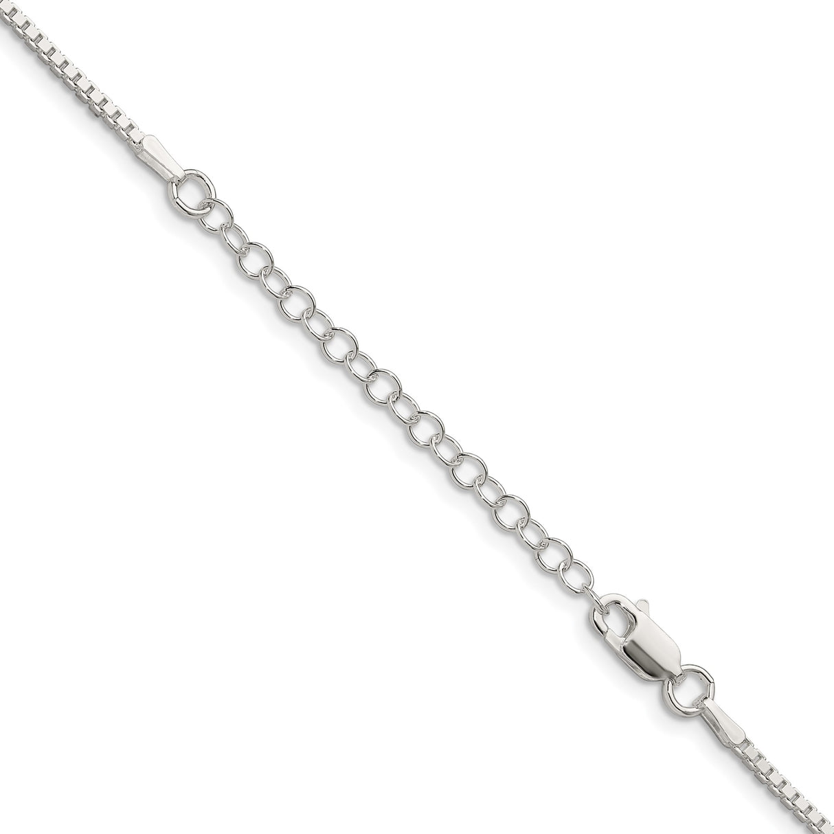 925 White Gold 1.5 mm Box Chain Necklace, Polished detail view