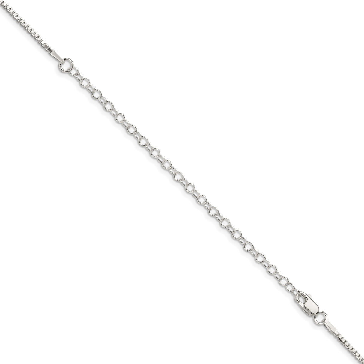 925 White Gold 1.5 mm Box Chain Necklace, Polished detail view