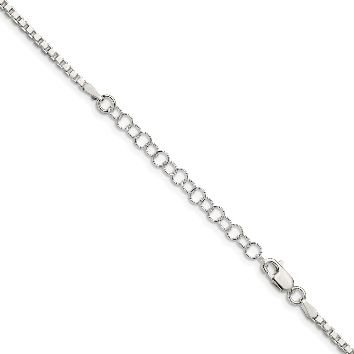 925 White Gold 2 mm Box Chain Necklace, Polished detail view
