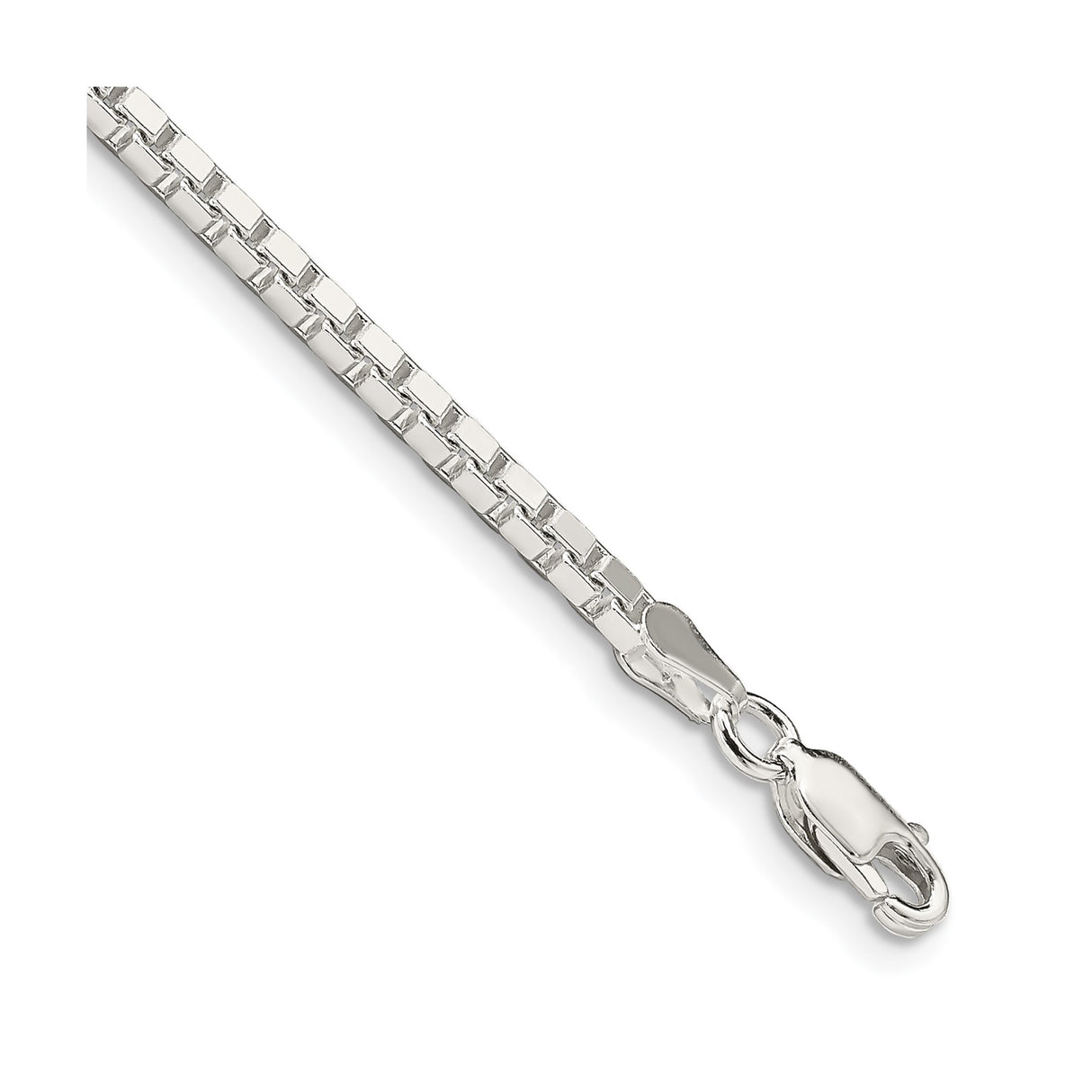 925 White Gold 2.5 mm Box Chain Bracelet, Polished shown for scale