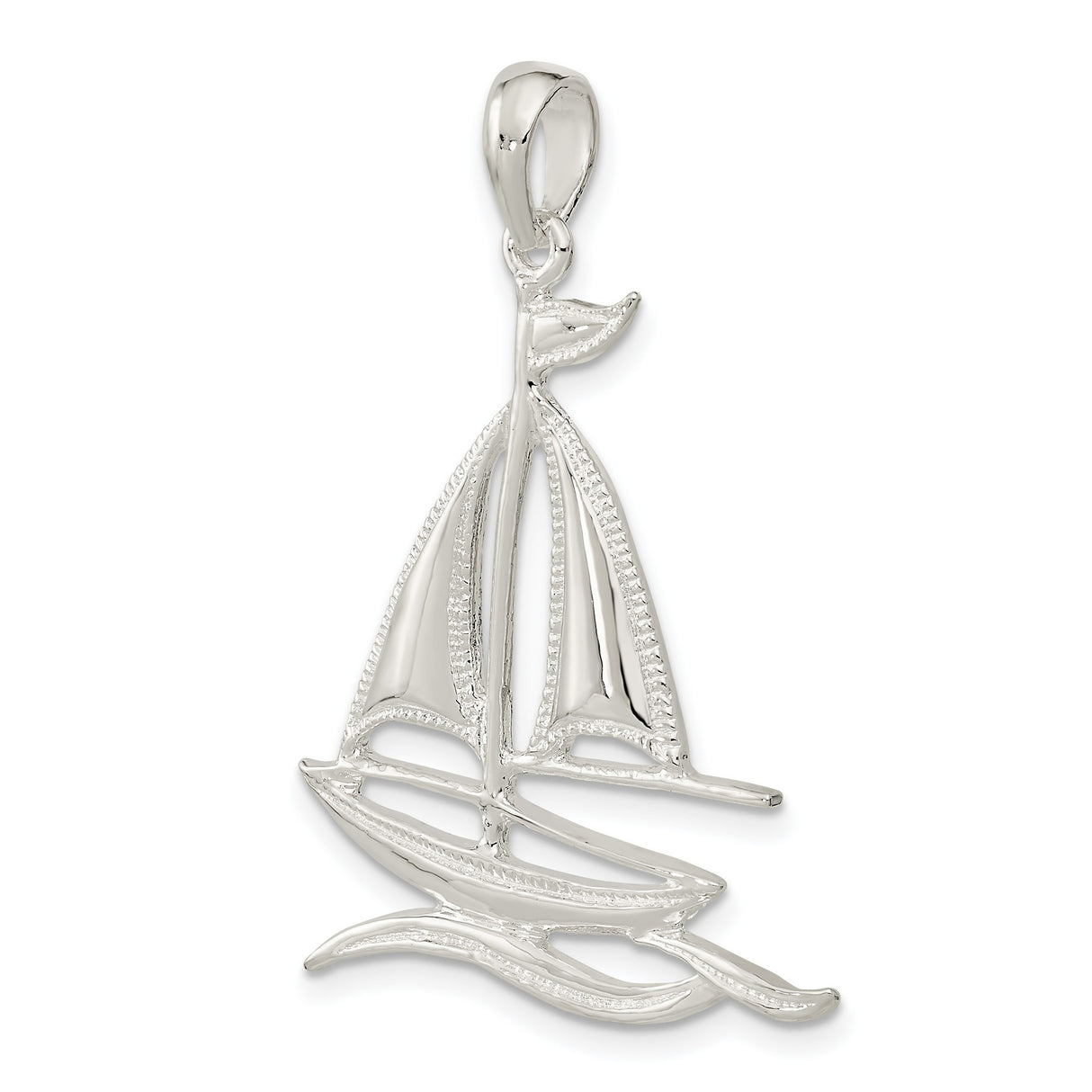 Sterling Silver Sailboat Pendant with Wave Detail, Nautical Open Design for Ocean Lovers
