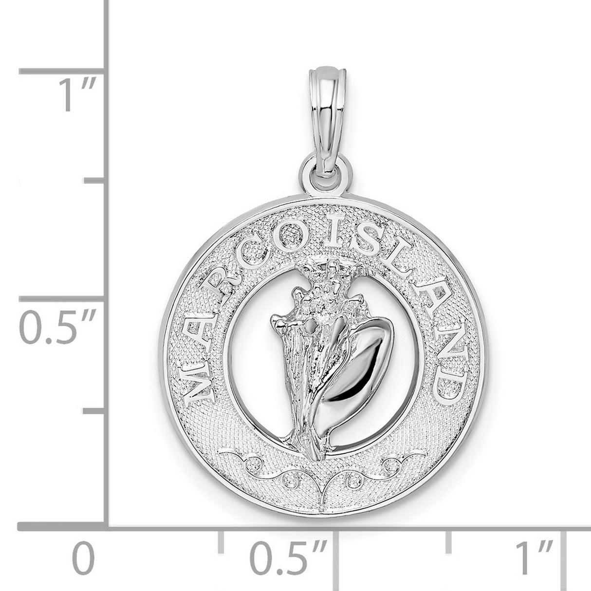 Sterling Silver Round Conch Shell Pendant with Marco Island Engraving, Coastal Beach Charm