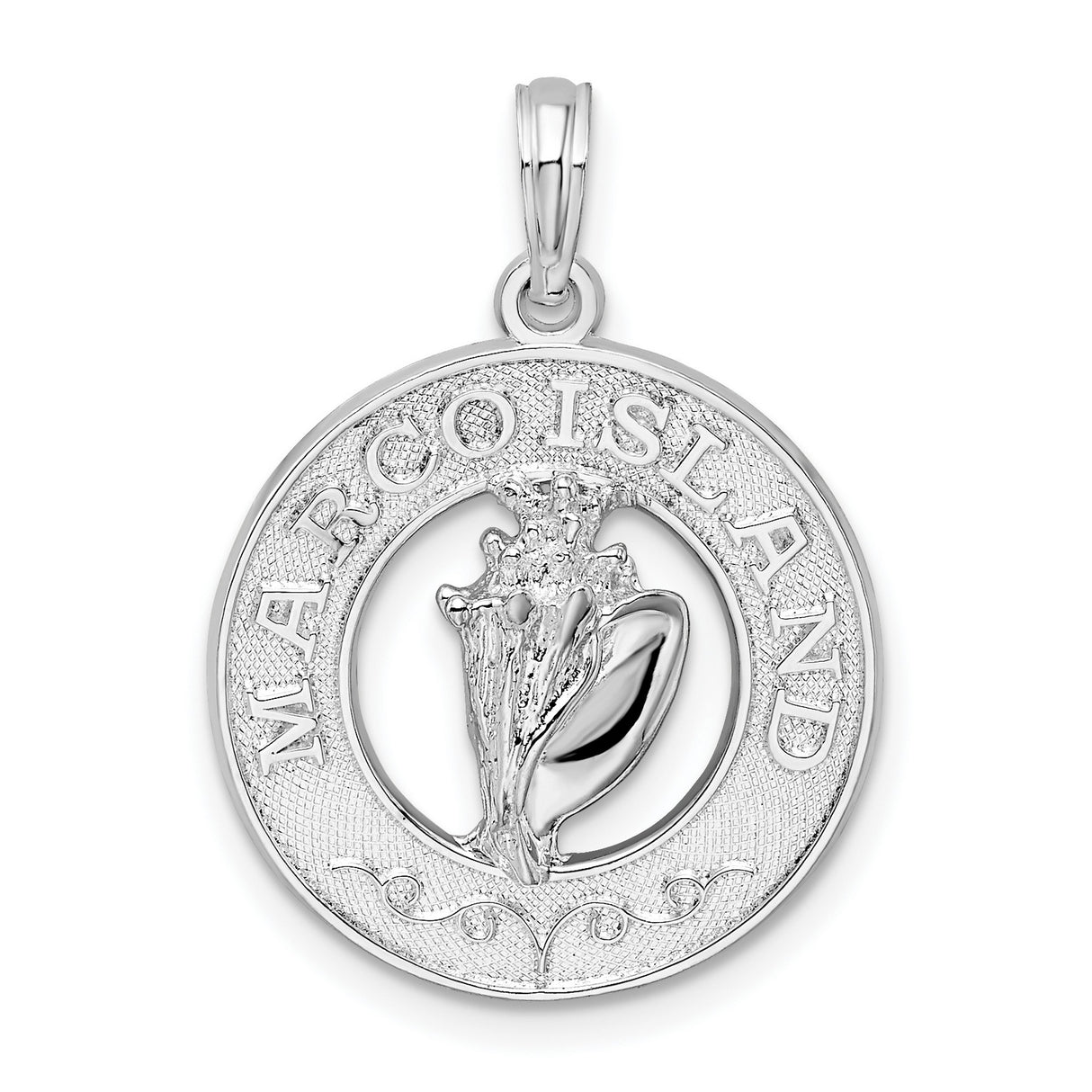 Sterling Silver Round Conch Shell Pendant with Marco Island Engraving, Coastal Beach Charm
