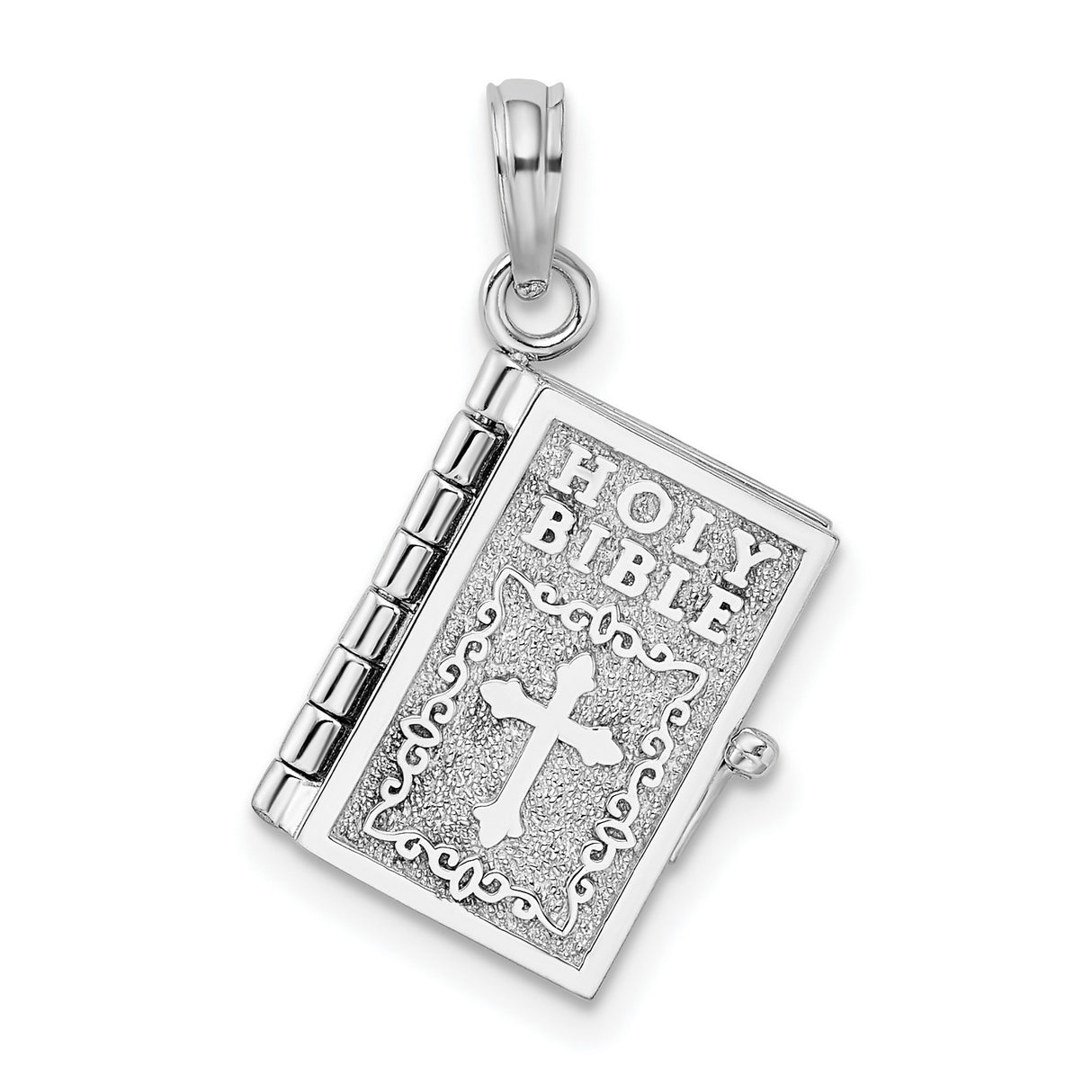 Sterling Silver Holy Bible Pendant with Cross and Ornate Border, Christian Religious Charm