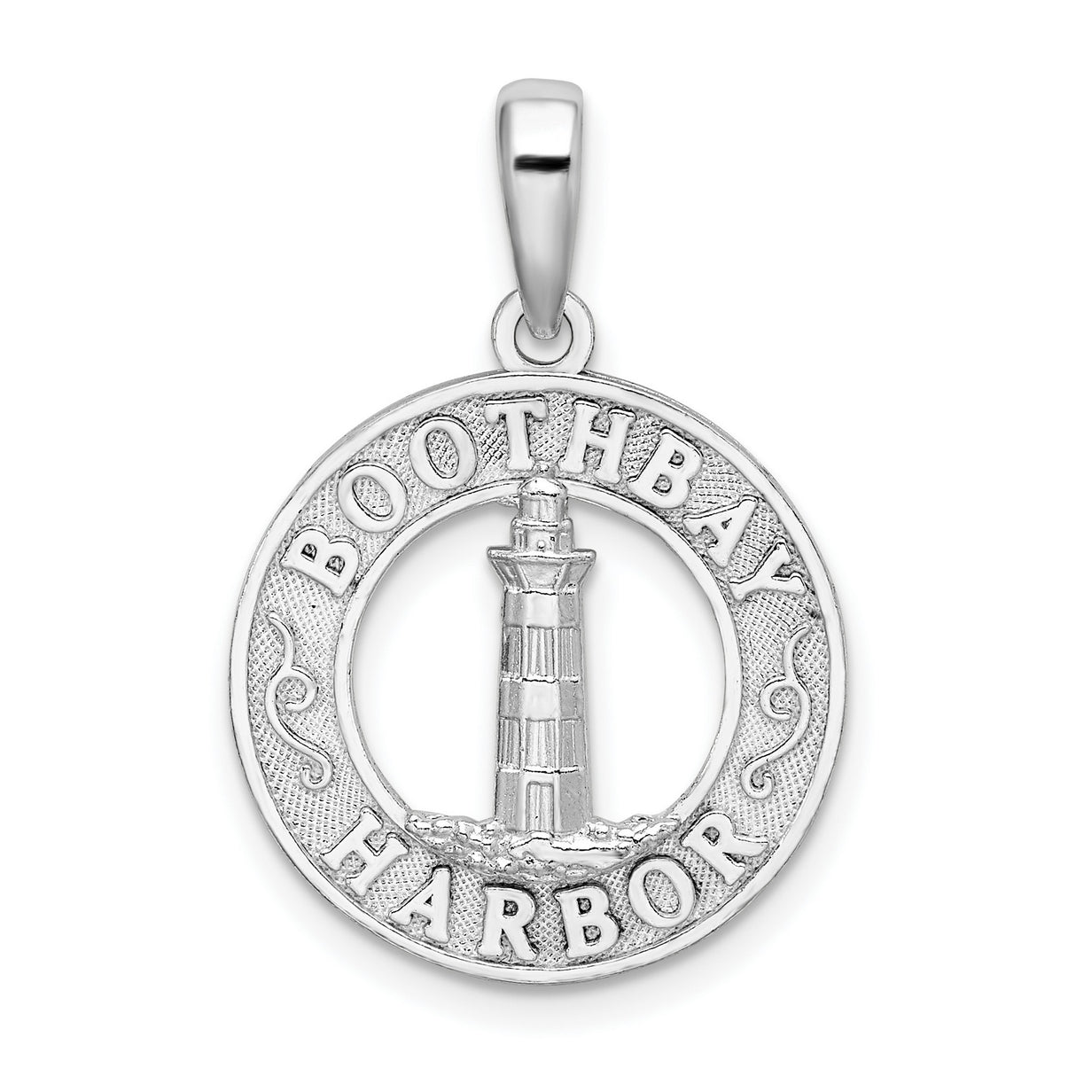 Sterling Silver Lighthouse Pendant with Circle Frame and Boothbay Harbor Engraving, Nautical Theme