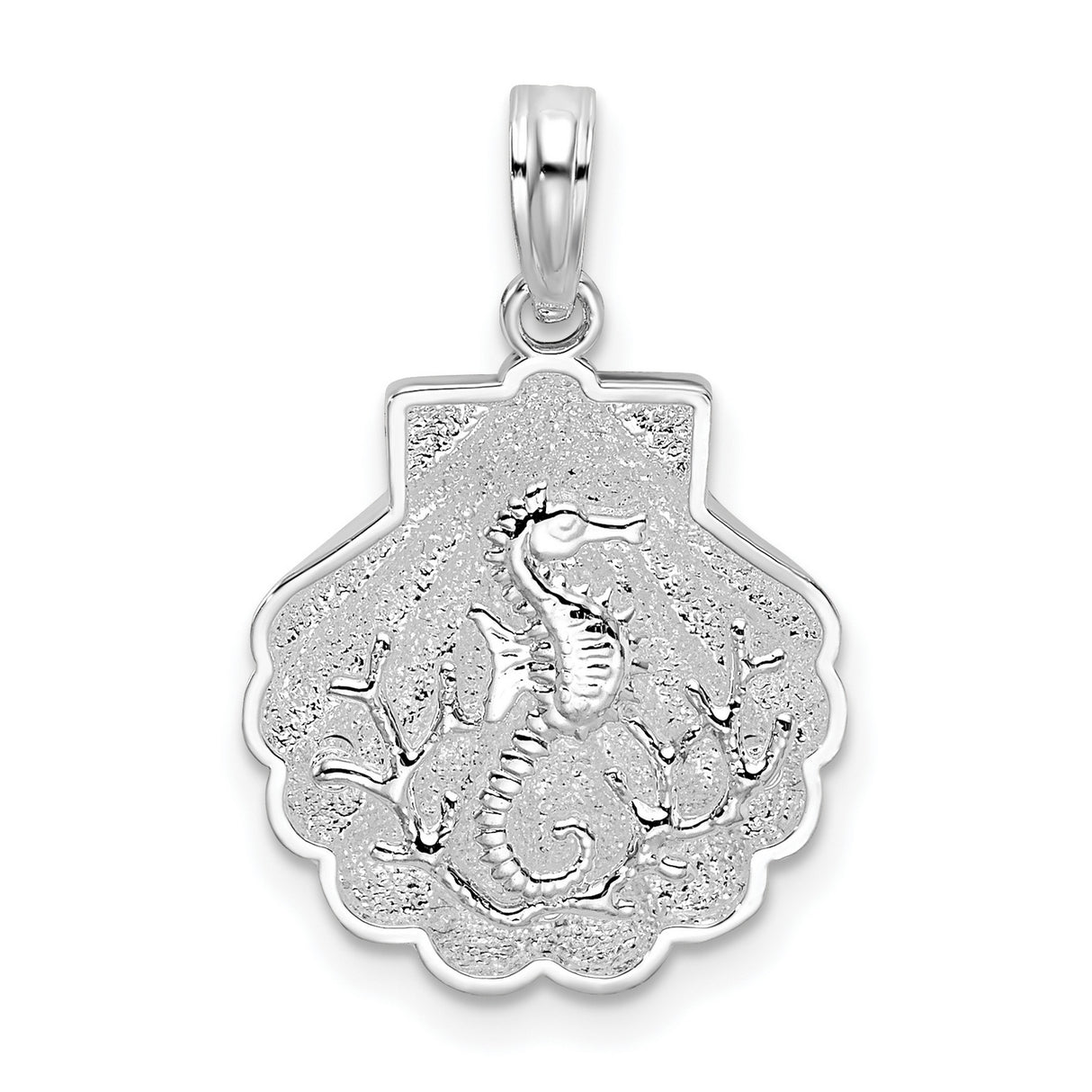 Sterling Silver Seahorse Pendant with Textured Seashell Design, Ocean Theme for Women