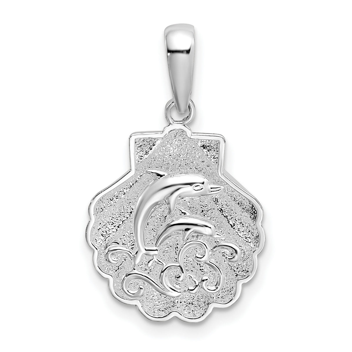 Sterling Silver Dolphin Pendant with Two Dolphins and Scallop Shell Ocean Theme
