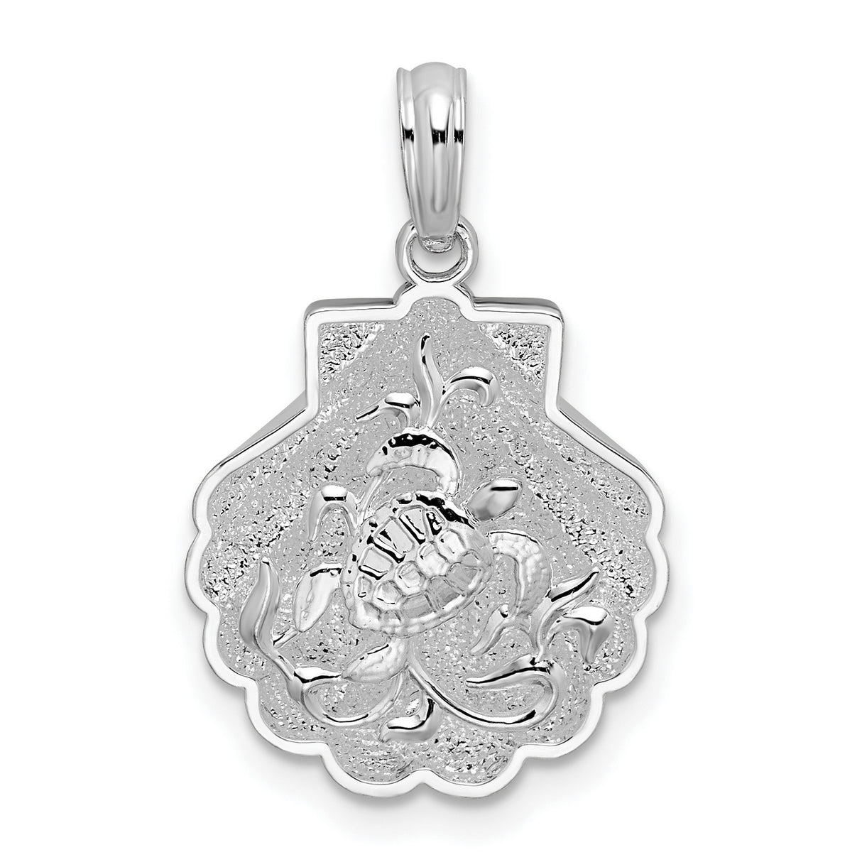 Sterling Silver Pendant with Scallop Shell and Sea Turtle Design, Nautical Ocean Theme Jewelry