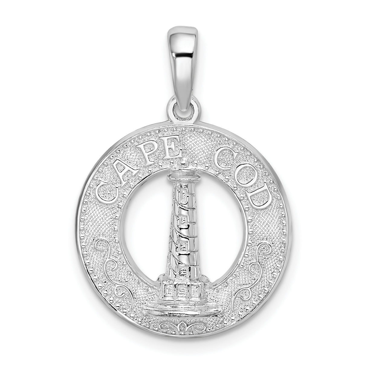 Polished Cape Cod with Lighthouse Circle Charm Pendant in Real 925 Sterling Silver