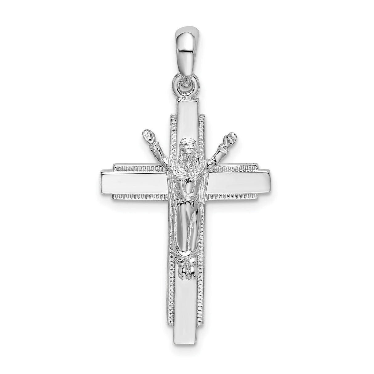 Sterling Silver Crucifix Cross Pendant with Detailed Jesus Figure and Beaded Edge