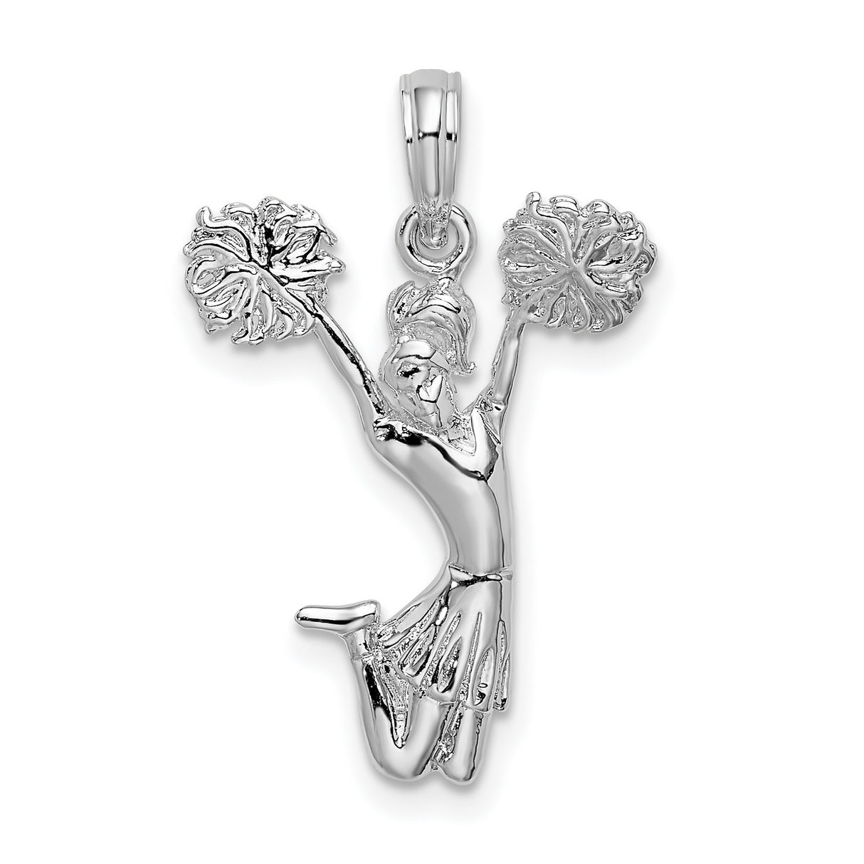 Sterling Silver Cheerleader Pendant with Pom Pom Raised Design, Female Athlete Mid-Jump Charm