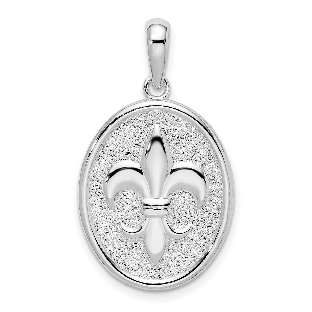 Sterling Silver Oval Pendant with Raised Fleur-de-Lis on Textured Background