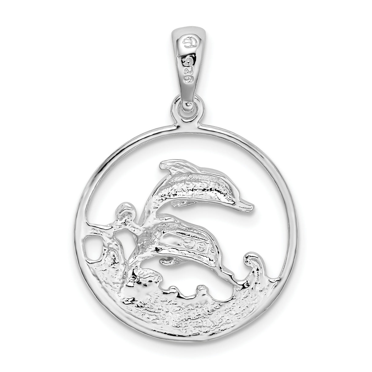 Sterling Silver Dolphin Pendant with Two Dolphins and Wave Design in Circular Frame
