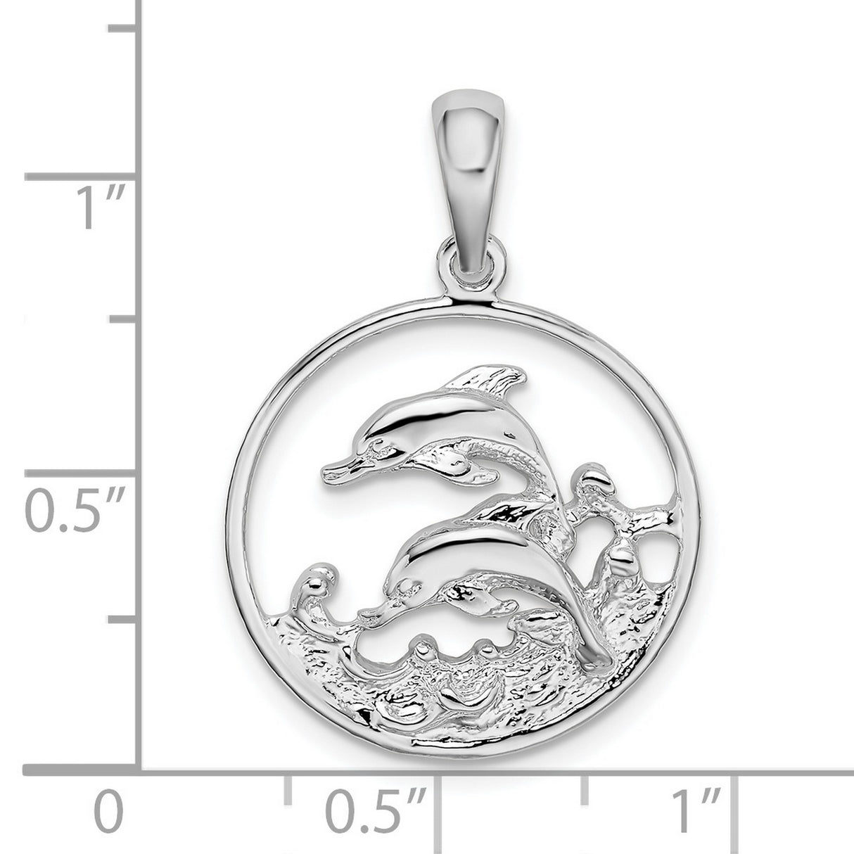 Sterling Silver Dolphin Pendant with Two Dolphins and Wave Design in Circular Frame