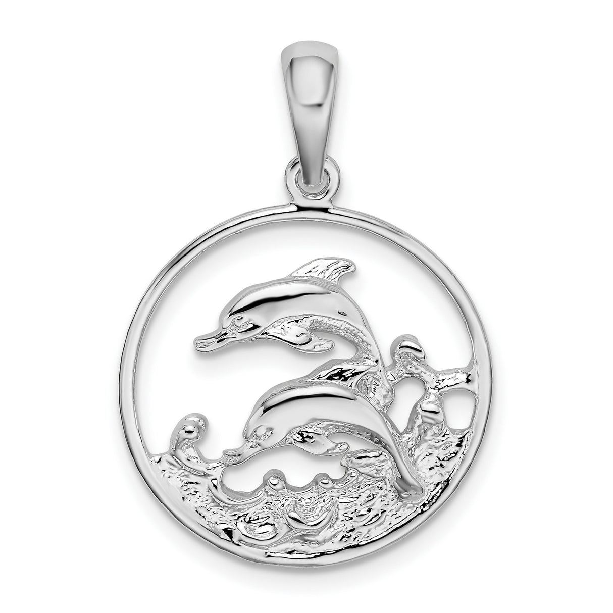 Sterling Silver Dolphin Pendant with Two Dolphins and Wave Design in Circular Frame