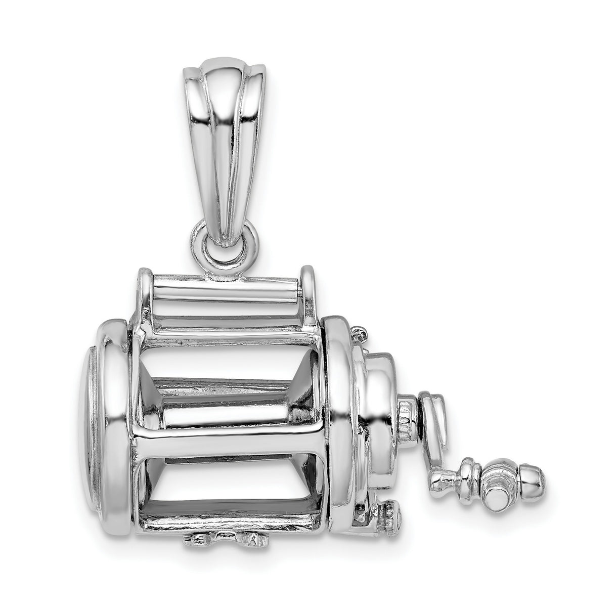 Sterling Silver Fishing Reel Pendant with 3D Open-Face Spinning Reel Design for Men and Women