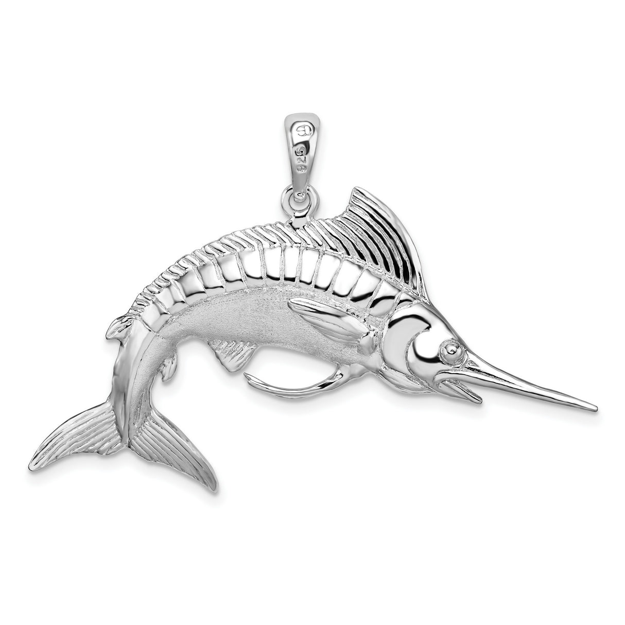 Polished and Satin 3-D White Marlin Charm Pendant in Real 925 Sterling Silver
