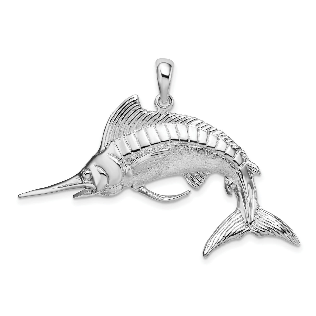 Polished and Satin 3-D White Marlin Charm Pendant in Real 925 Sterling Silver