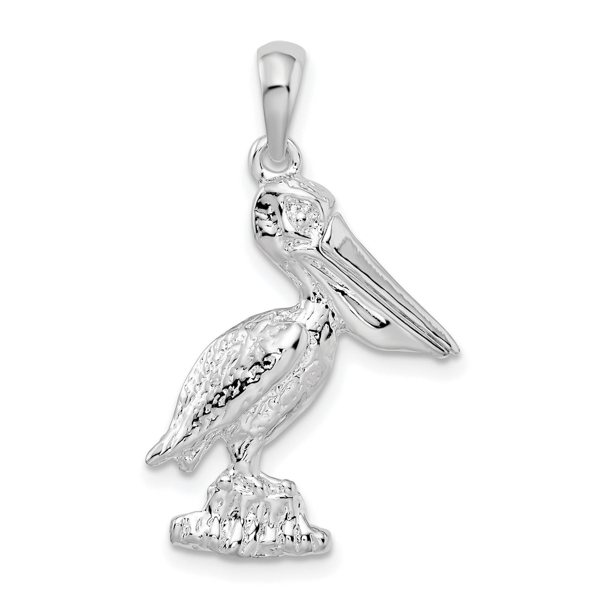 Sterling Silver Pelican Pendant, Detailed 3D Bird on Rock, Ocean Life Coastal Theme Jewelry