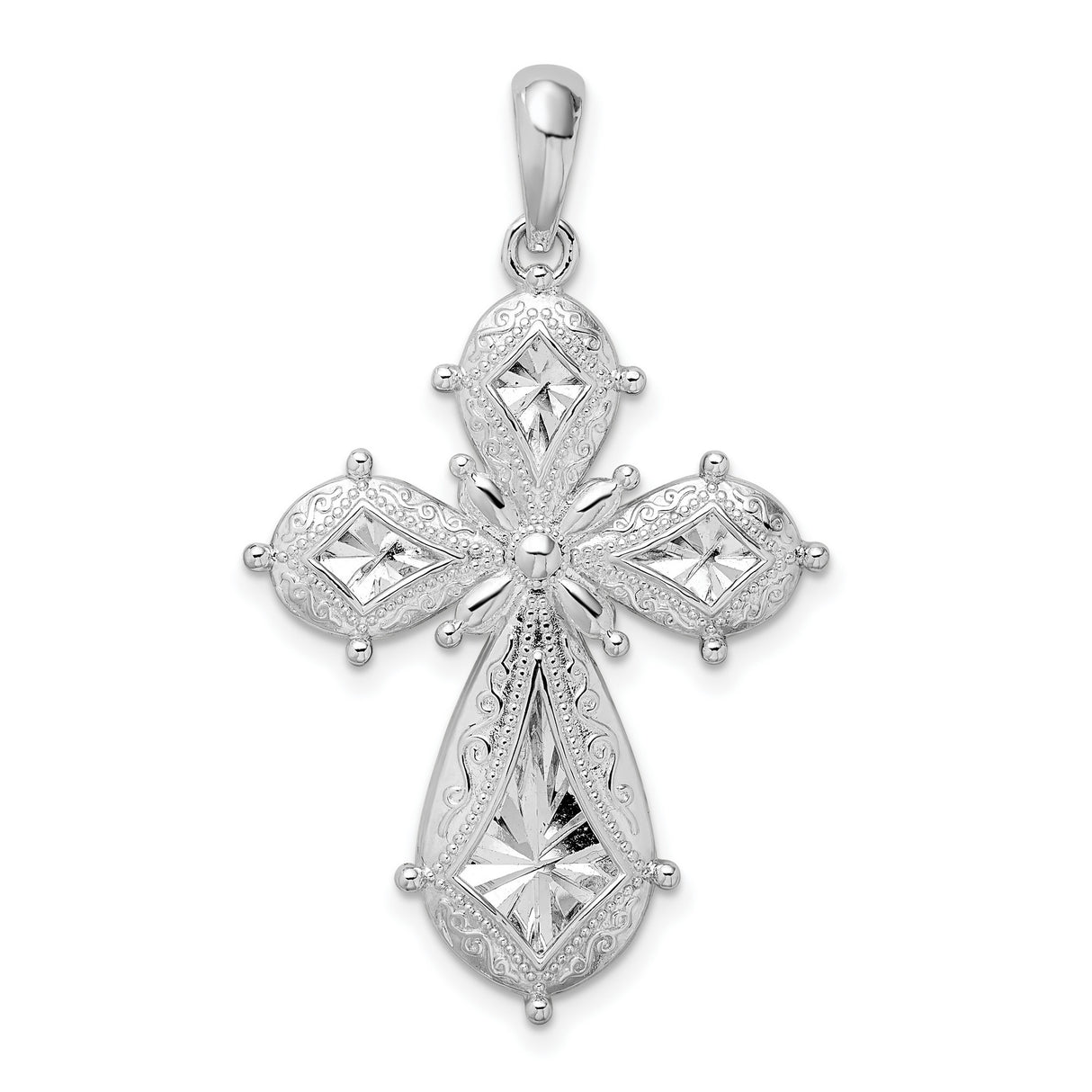 Sterling Silver Cross Pendant with Scroll Design and Diamond Cut Accents for Men and Women