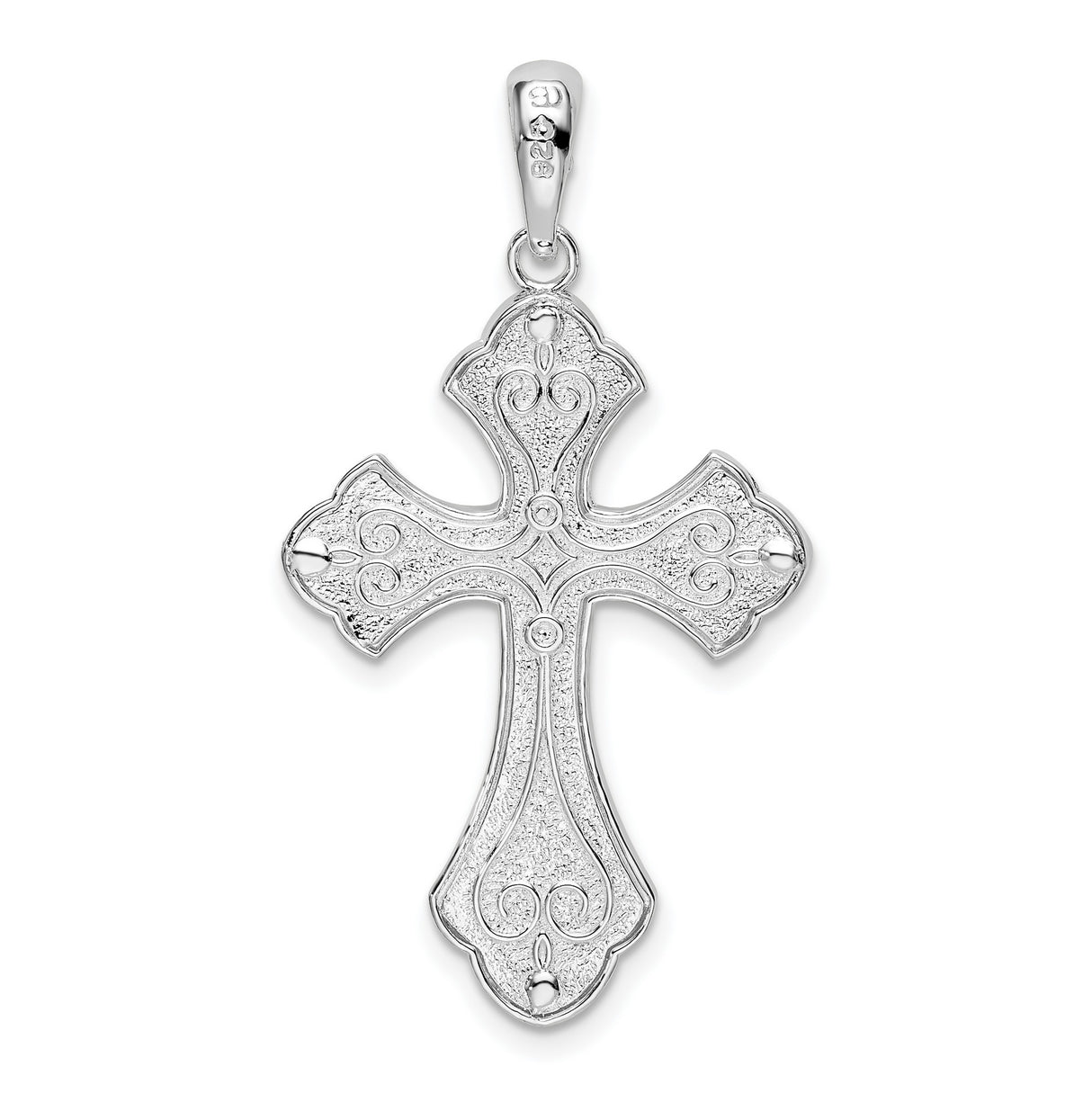 Sterling Silver Faith Cross Pendant with Diamond Cut Floral Design, Textured Arms, Fleur de Lis Style
