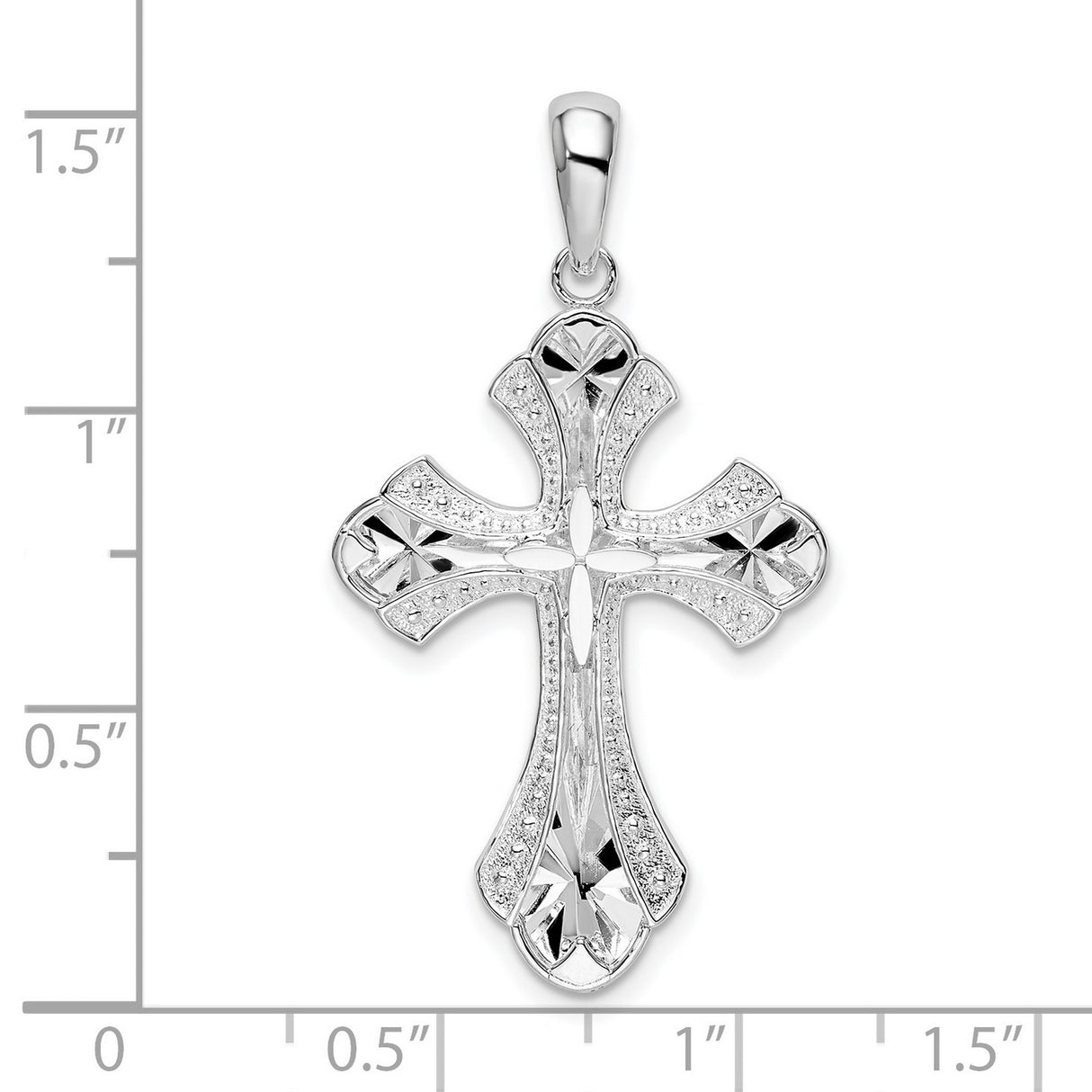 Sterling Silver Faith Cross Pendant with Diamond Cut Floral Design, Textured Arms, Fleur de Lis Style