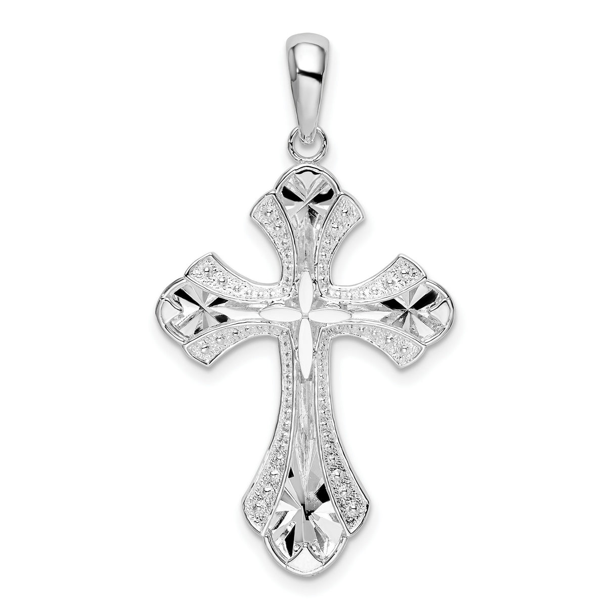 Sterling Silver Faith Cross Pendant with Diamond Cut Floral Design, Textured Arms, Fleur de Lis Style