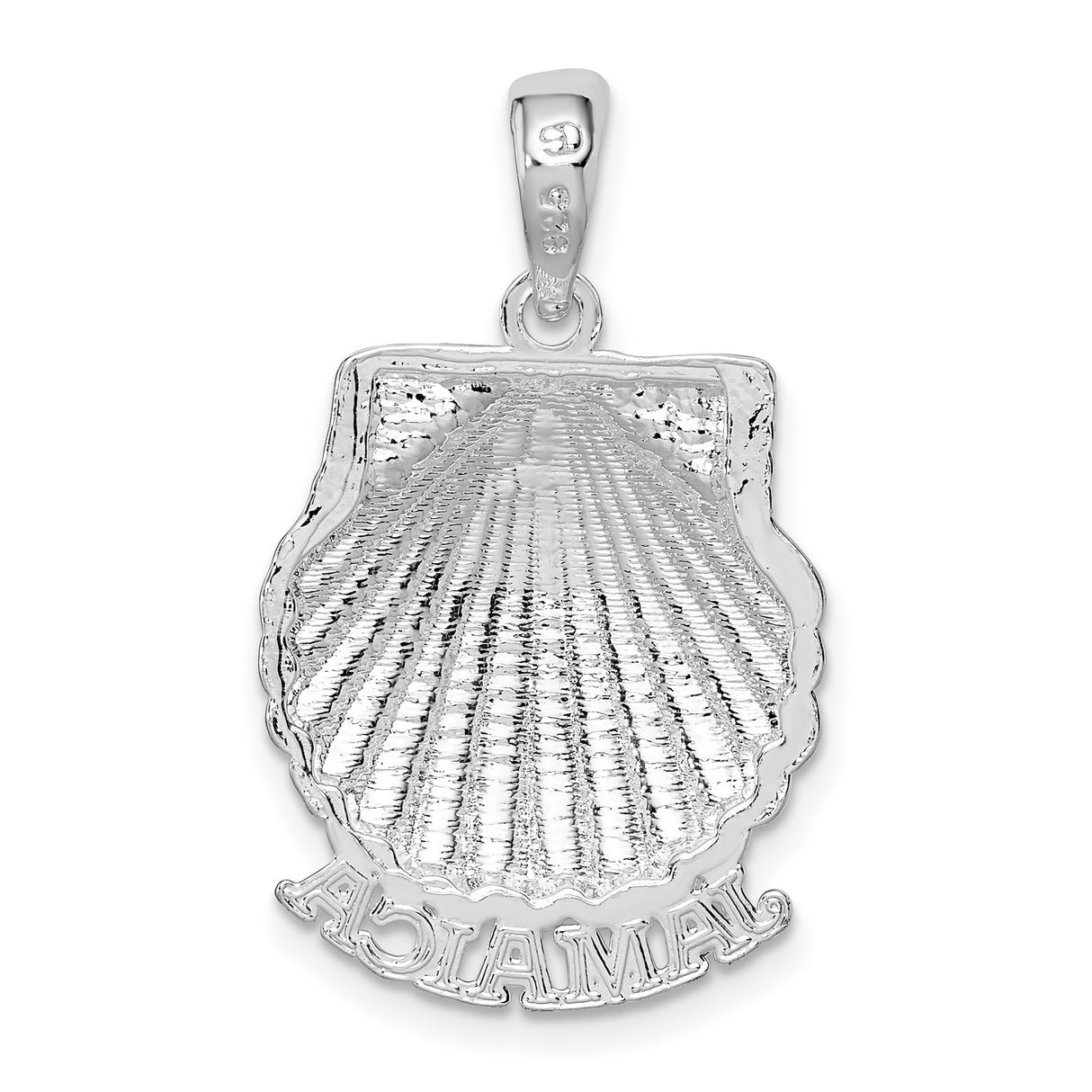 Sterling Silver Scallop Shell Pendant with Jamaica Engraving, Beach and Ocean Theme Charm