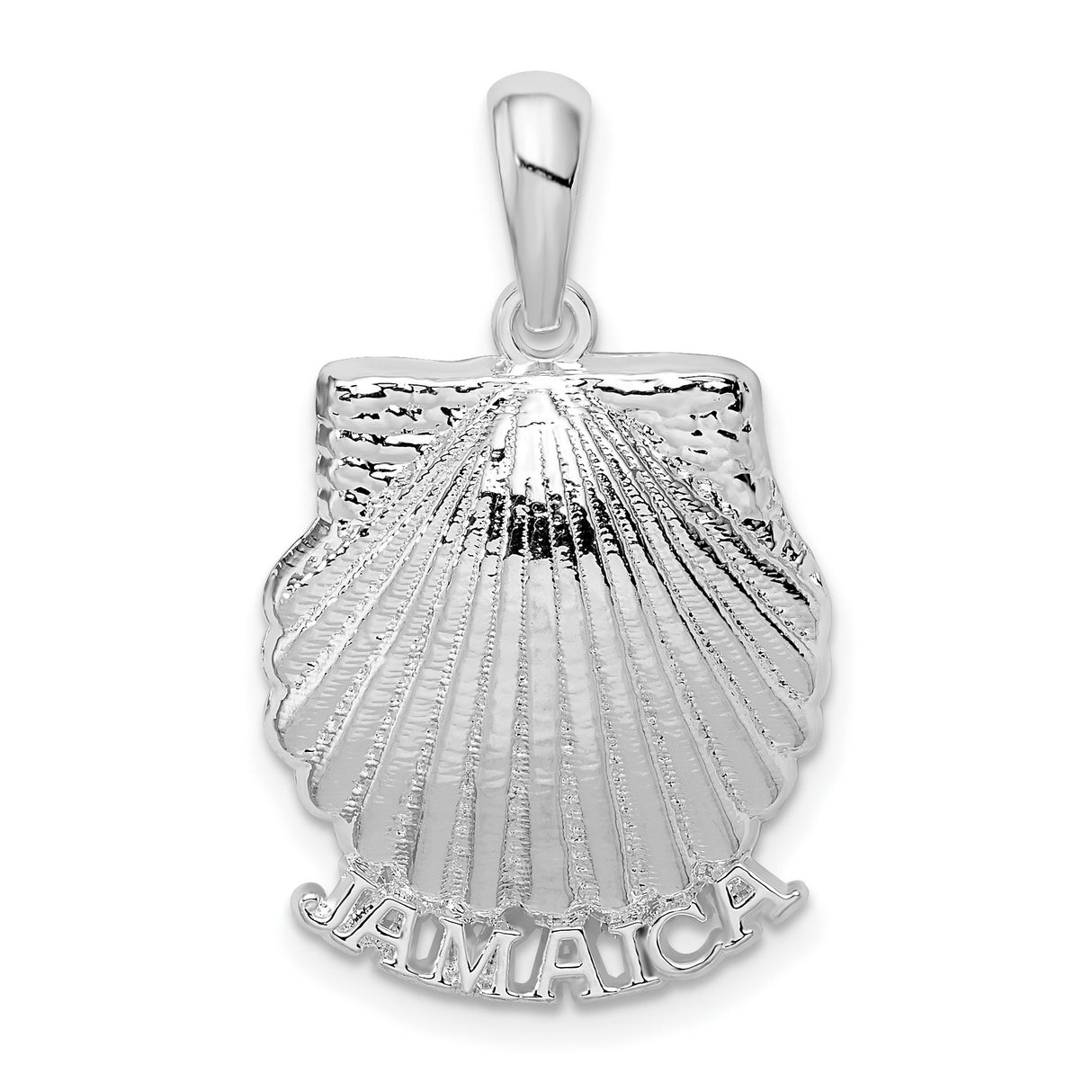 Sterling Silver Scallop Shell Pendant with Jamaica Engraving, Beach and Ocean Theme Charm