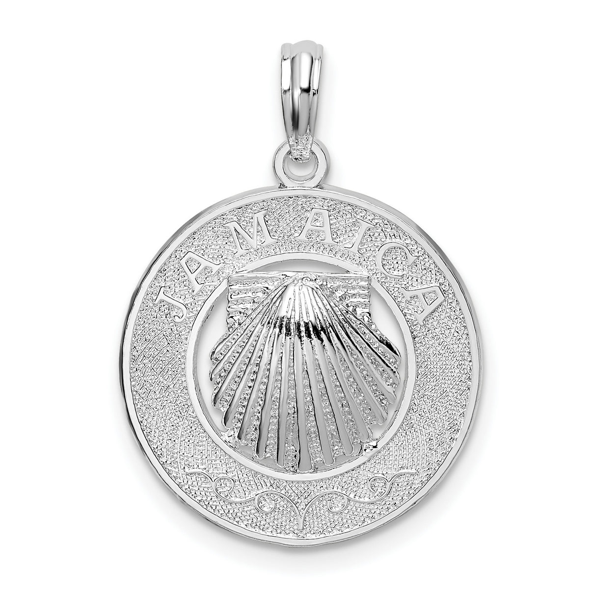Sterling Silver Scallop Shell Pendant with Jamaica Engraving, Ocean Travel Theme