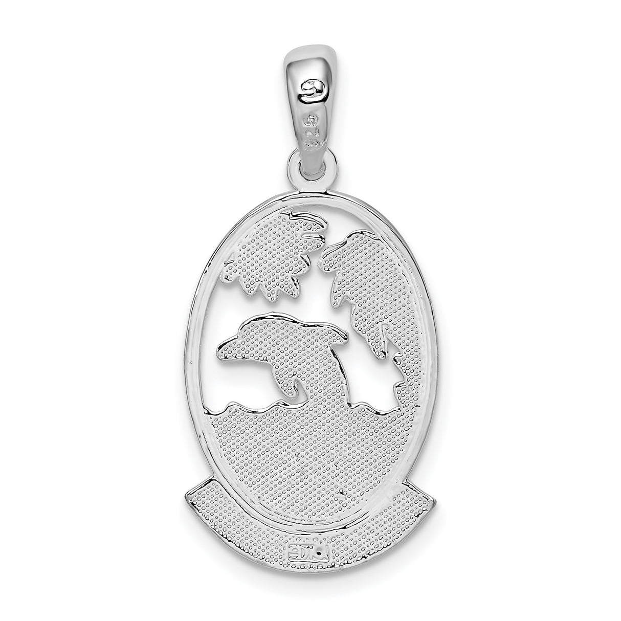 Sterling Silver Dolphin Pendant with Sun, Palm Trees, Ocean Waves and Jamaica Engraving